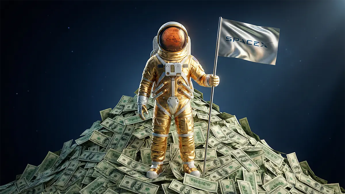 Ein Astronaut auf einem Haufen Geld